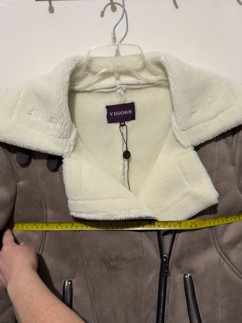 Vigoss Faux Suede Shearling Moto Aviator Jacket Taupe Medium Cozy - Picture 11 of 16